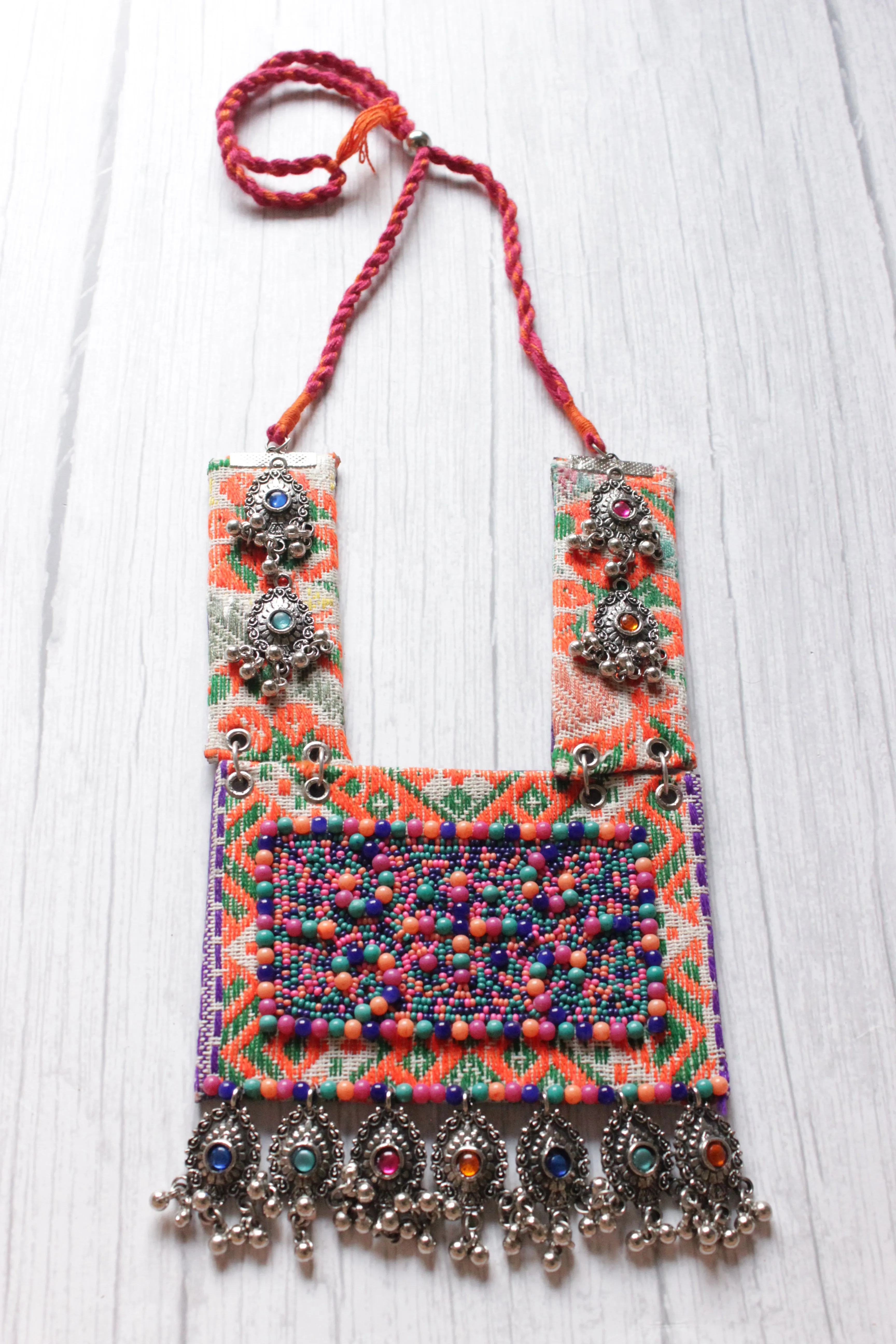 Multi-Color Beads, Stones and Metal Charms Embellished Statement Fabric Necklace