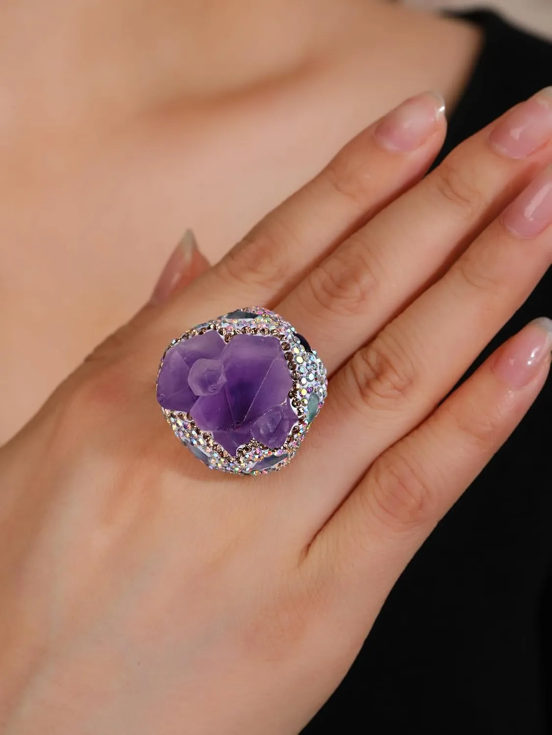 Natural Amethyst Green Jade Statement Ring for Women Big Rings Adjustable Open Size Gemstone Dainty Trendy Simple Party Wedding Band Thumb Rings Jewelry Birthday