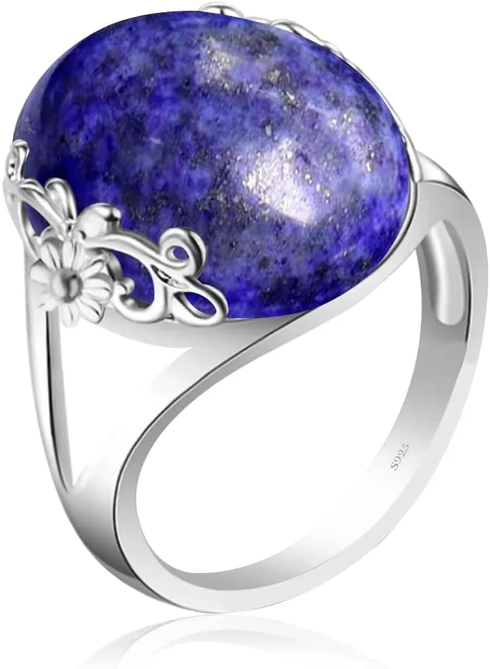 Natural Blue Lazurite/Green Epidote Jasper Quartz Crystal Stone Ring for Women,S925 Sterling Silver Edged with Flower Vine Thick Natural Genuine Quartz Crystal Gemstone Turkey Ring Jewelry