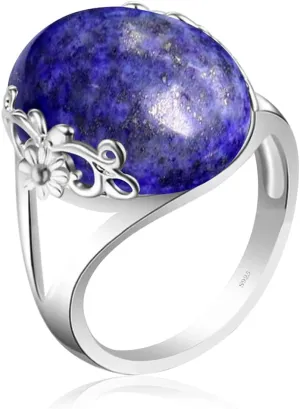 Natural Blue Lazurite/Green Epidote Jasper Quartz Crystal Stone Ring for Women,S925 Sterling Silver Edged with Flower Vine Thick Natural Genuine Quartz Crystal Gemstone Turkey Ring Jewelry