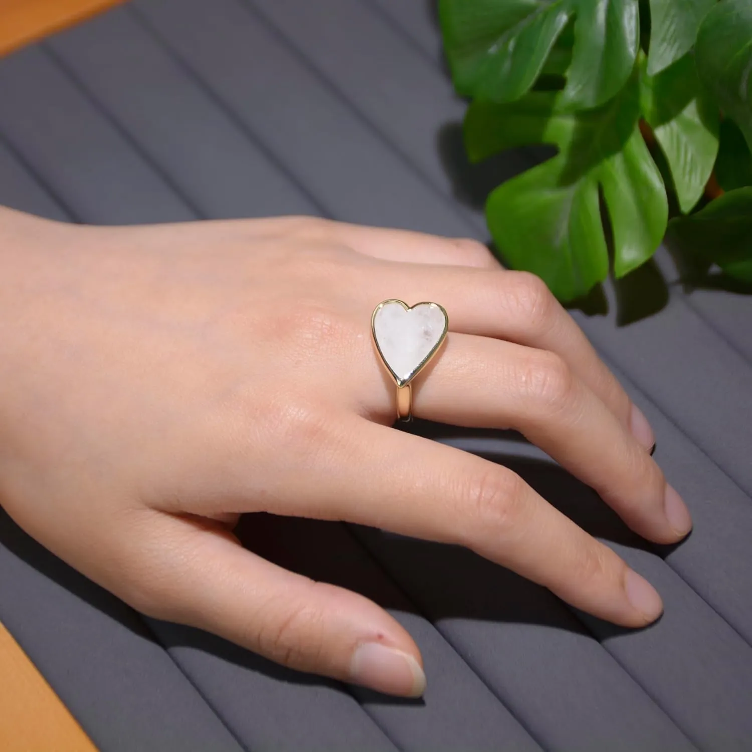 Natural Gemstone Ring, Heart Shape Genuine Crystal Quartz Amethyst Amazonite Rose Quartz Rings for Women, 14K Gold Plated Adjustable Crystal Rings.