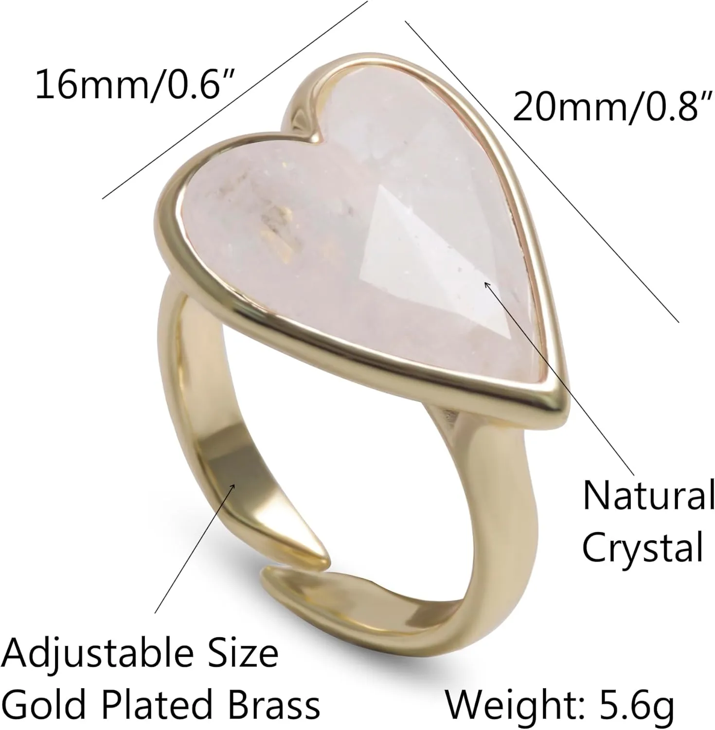 Natural Gemstone Ring, Heart Shape Genuine Crystal Quartz Amethyst Amazonite Rose Quartz Rings for Women, 14K Gold Plated Adjustable Crystal Rings.