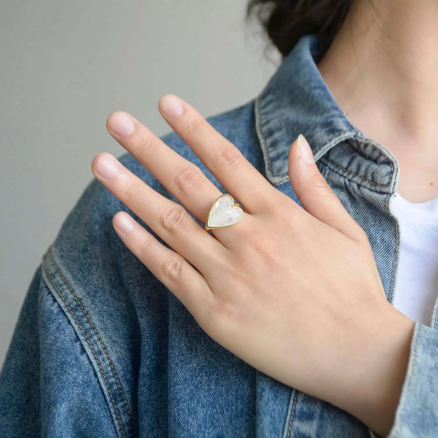 Natural Gemstone Ring, Heart Shape Genuine Crystal Quartz Amethyst Amazonite Rose Quartz Rings for Women, 14K Gold Plated Adjustable Crystal Rings.