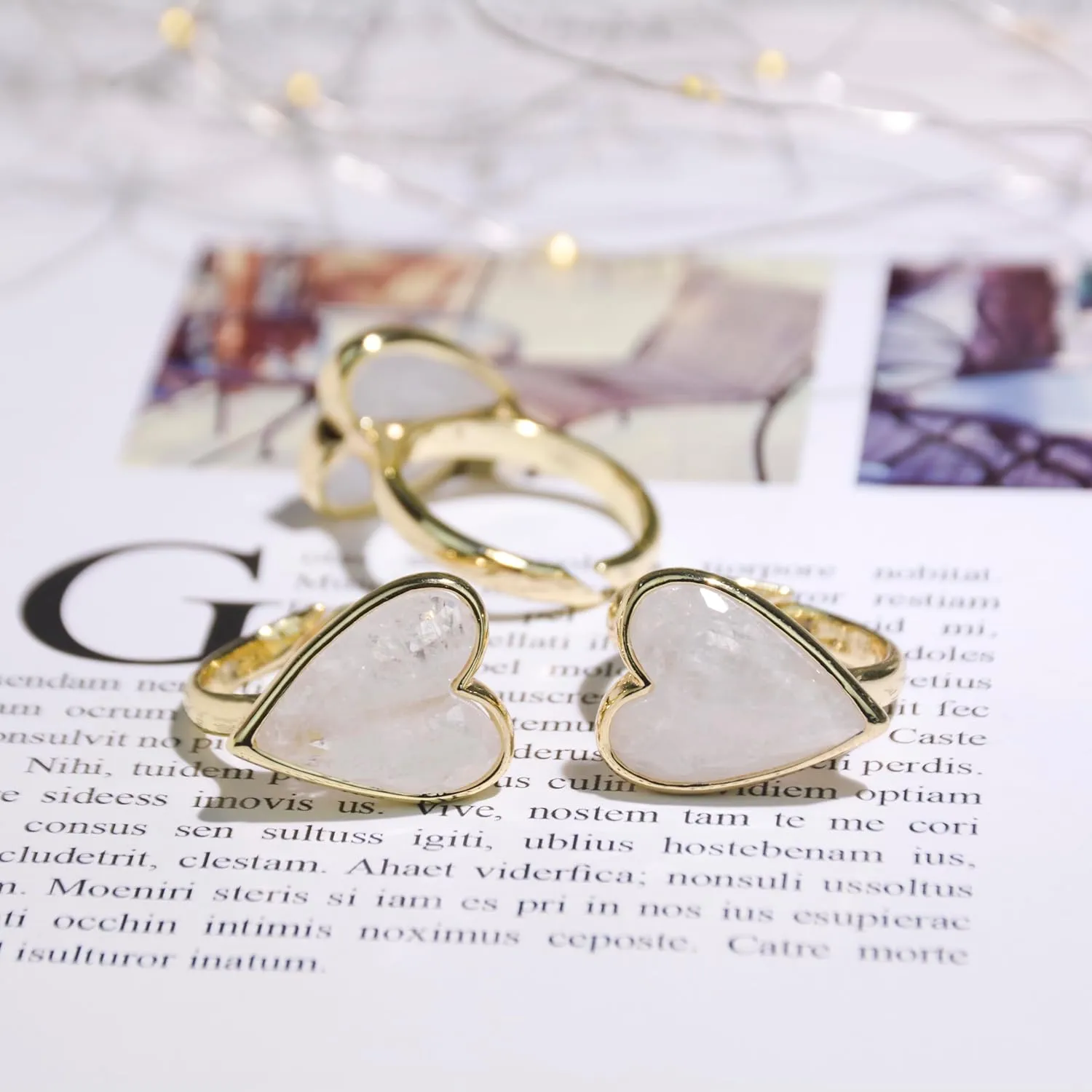 Natural Gemstone Ring, Heart Shape Genuine Crystal Quartz Amethyst Amazonite Rose Quartz Rings for Women, 14K Gold Plated Adjustable Crystal Rings.