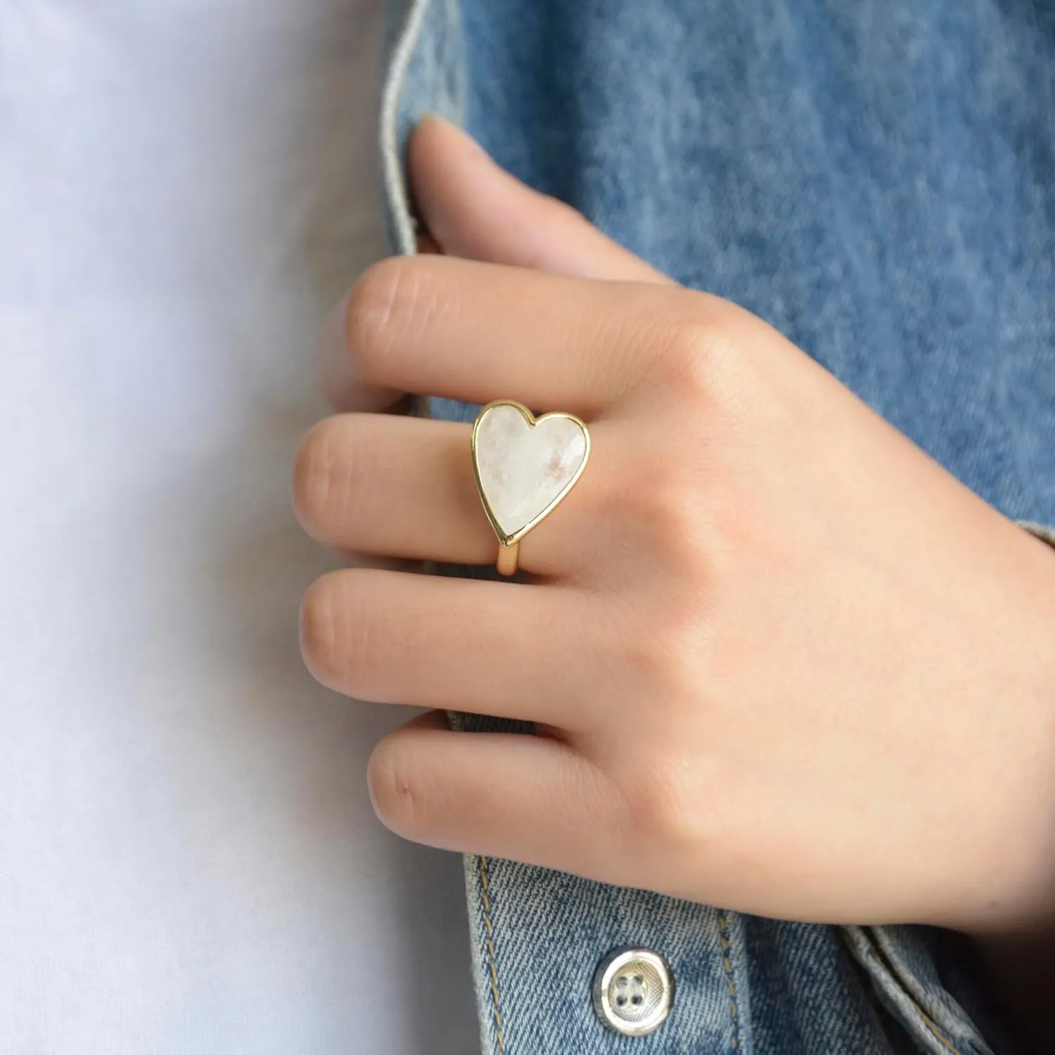 Natural Gemstone Ring, Heart Shape Genuine Crystal Quartz Amethyst Amazonite Rose Quartz Rings for Women, 14K Gold Plated Adjustable Crystal Rings.