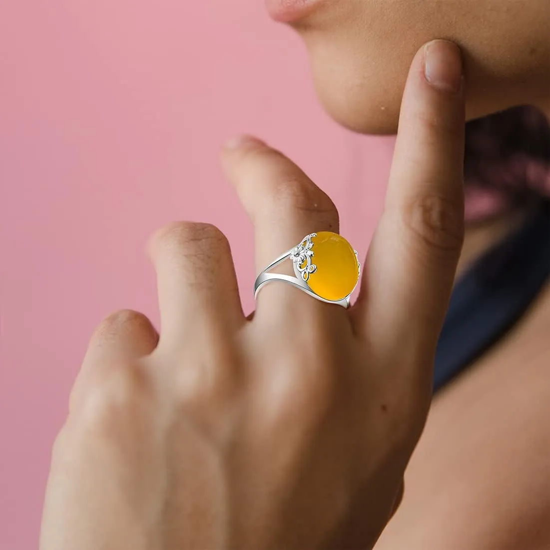 Natural Onyx Agate Stone Ring,S925 Sterling Silver Edged with Flower Vine Genuine Gemstone Turkey Ring Jewelry for Women