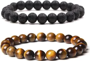 Natural Stone Bracelets for Men, 8mm Tiger Eye | Lava Rock Stretch Beaded Bracelets for Adult Gifts Fathers Day Anniversary Jewelry Birthday Gifts for Women Men