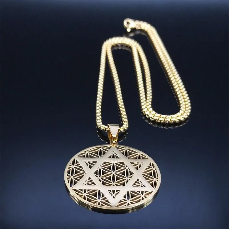 NEW Judaism Stainless Steel Flower of life Hexagram Gold Color Necklaces Pendant Necklace