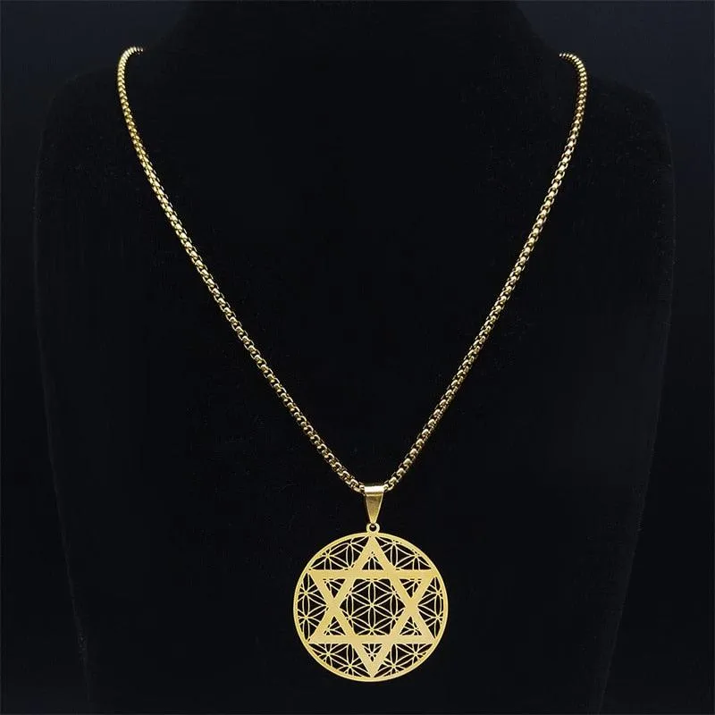 NEW Judaism Stainless Steel Flower of life Hexagram Gold Color Necklaces Pendant Necklace