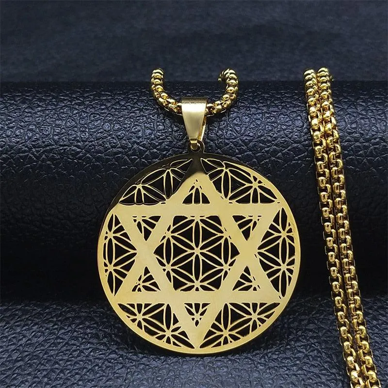 NEW Judaism Stainless Steel Flower of life Hexagram Gold Color Necklaces Pendant Necklace