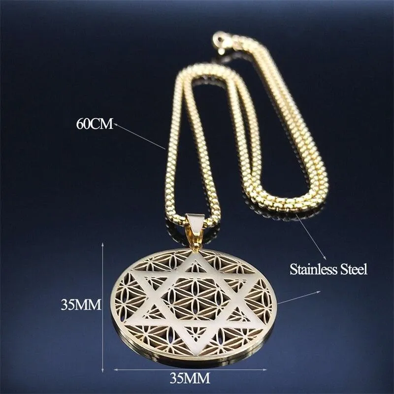 NEW Judaism Stainless Steel Flower of life Hexagram Gold Color Necklaces Pendant Necklace