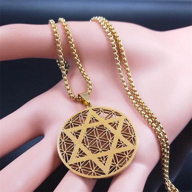 NEW Judaism Stainless Steel Flower of life Hexagram Gold Color Necklaces Pendant Necklace