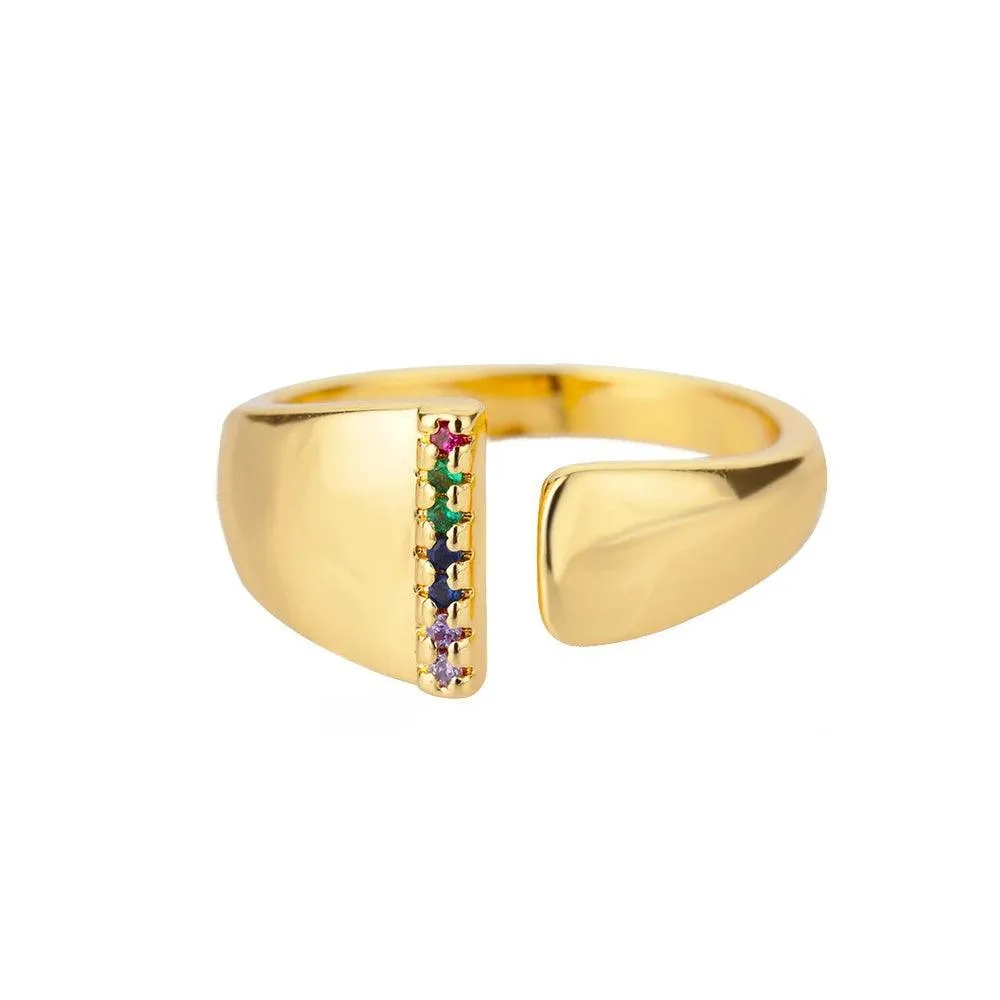 New Rainbow Zircon Letter Rings For Girls, Women - Fashion Chunky Wide Letter A-Z Stainless Steel Rings, Boho Jewellery