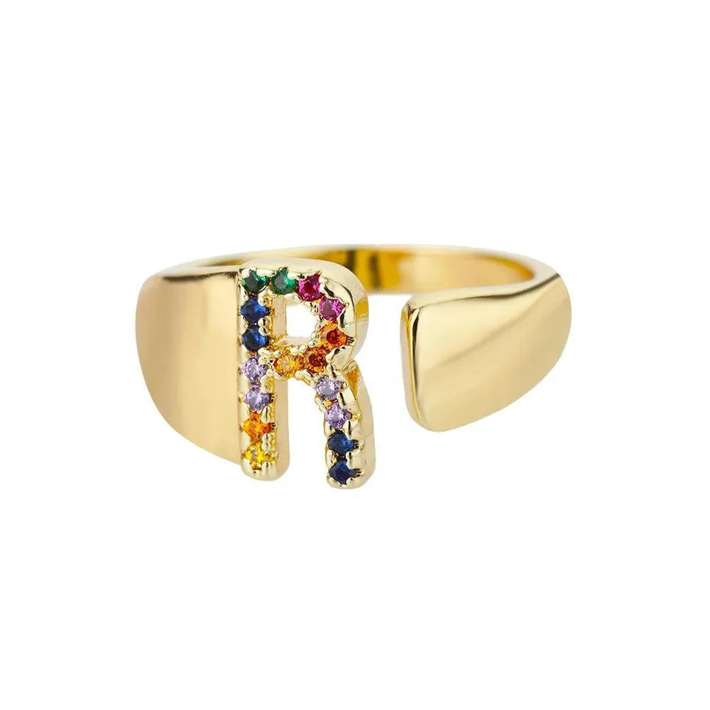 New Rainbow Zircon Letter Rings For Girls, Women - Fashion Chunky Wide Letter A-Z Stainless Steel Rings, Boho Jewellery