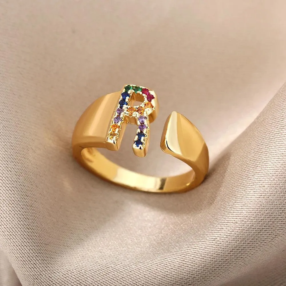 New Rainbow Zircon Letter Rings For Girls, Women - Fashion Chunky Wide Letter A-Z Stainless Steel Rings, Boho Jewellery