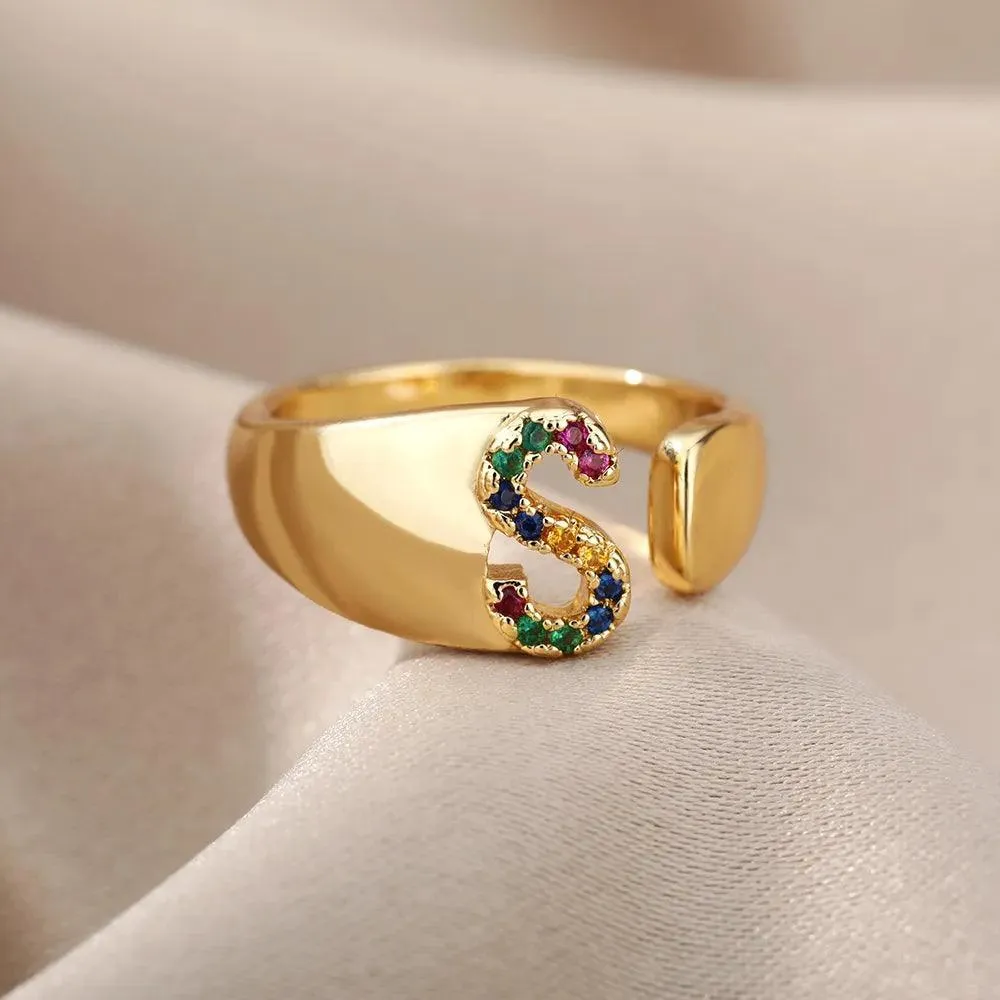 New Rainbow Zircon Letter Rings For Girls, Women - Fashion Chunky Wide Letter A-Z Stainless Steel Rings, Boho Jewellery
