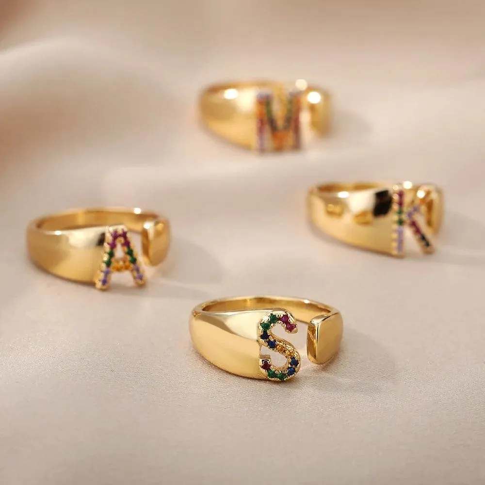 New Rainbow Zircon Letter Rings For Girls, Women - Fashion Chunky Wide Letter A-Z Stainless Steel Rings, Boho Jewellery
