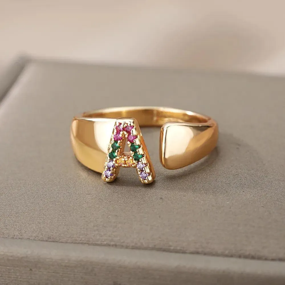 New Rainbow Zircon Letter Rings For Girls, Women - Fashion Chunky Wide Letter A-Z Stainless Steel Rings, Boho Jewellery