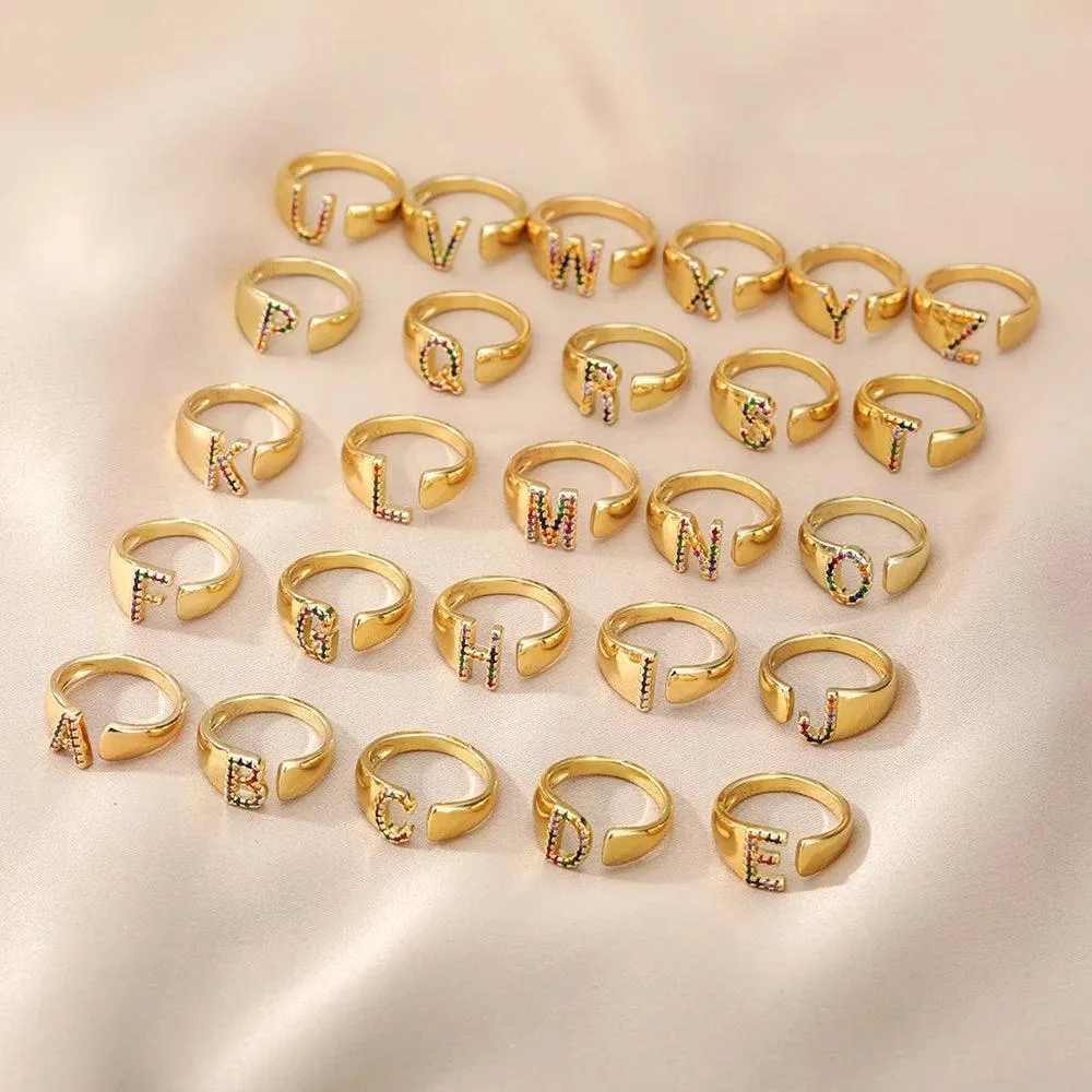 New Rainbow Zircon Letter Rings For Girls, Women - Fashion Chunky Wide Letter A-Z Stainless Steel Rings, Boho Jewellery