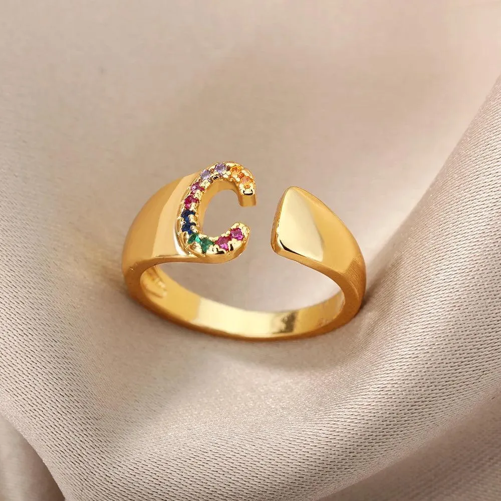 New Rainbow Zircon Letter Rings For Girls, Women - Fashion Chunky Wide Letter A-Z Stainless Steel Rings, Boho Jewellery