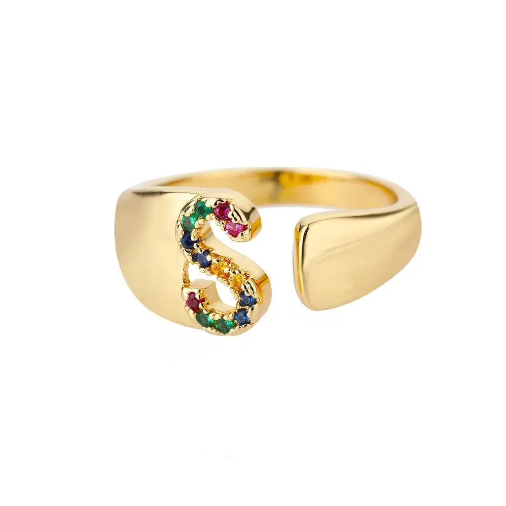 New Rainbow Zircon Letter Rings For Girls, Women - Fashion Chunky Wide Letter A-Z Stainless Steel Rings, Boho Jewellery