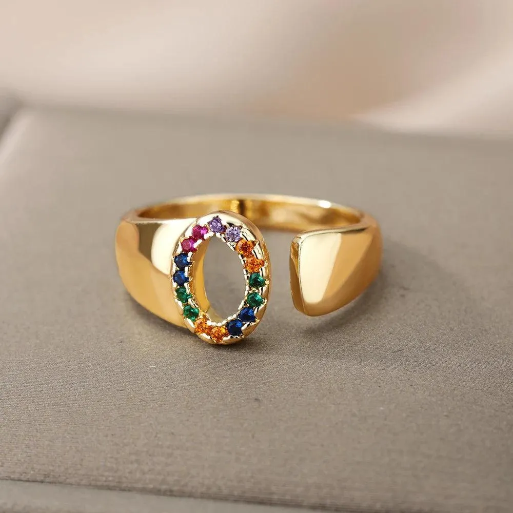 New Rainbow Zircon Letter Rings For Girls, Women - Fashion Chunky Wide Letter A-Z Stainless Steel Rings, Boho Jewellery