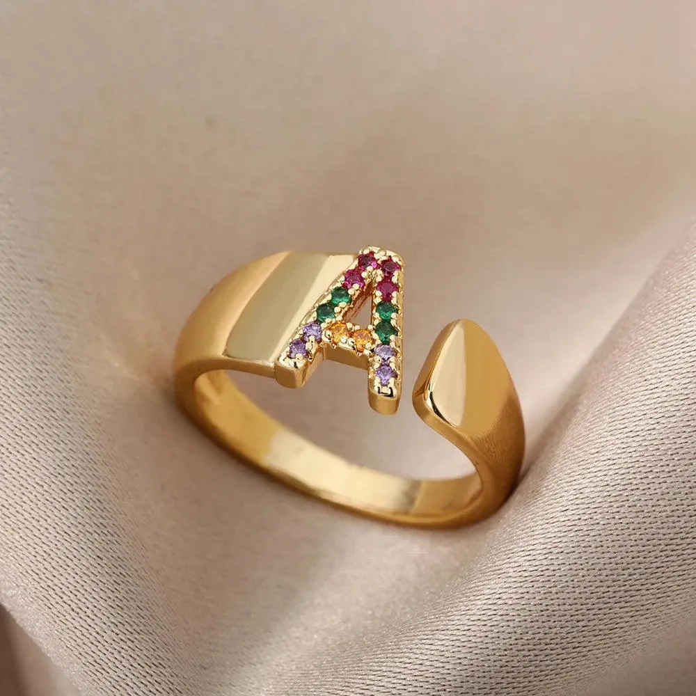 New Rainbow Zircon Letter Rings For Girls, Women - Fashion Chunky Wide Letter A-Z Stainless Steel Rings, Boho Jewellery