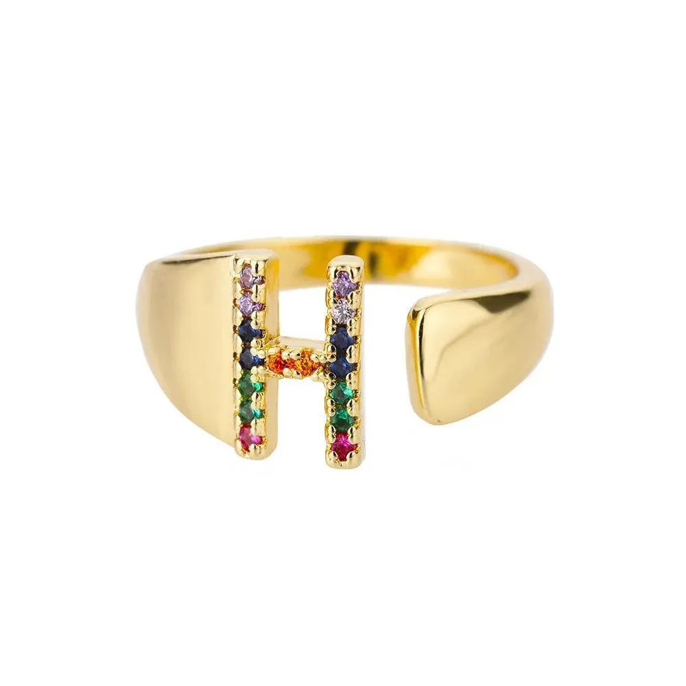 New Rainbow Zircon Letter Rings For Girls, Women - Fashion Chunky Wide Letter A-Z Stainless Steel Rings, Boho Jewellery