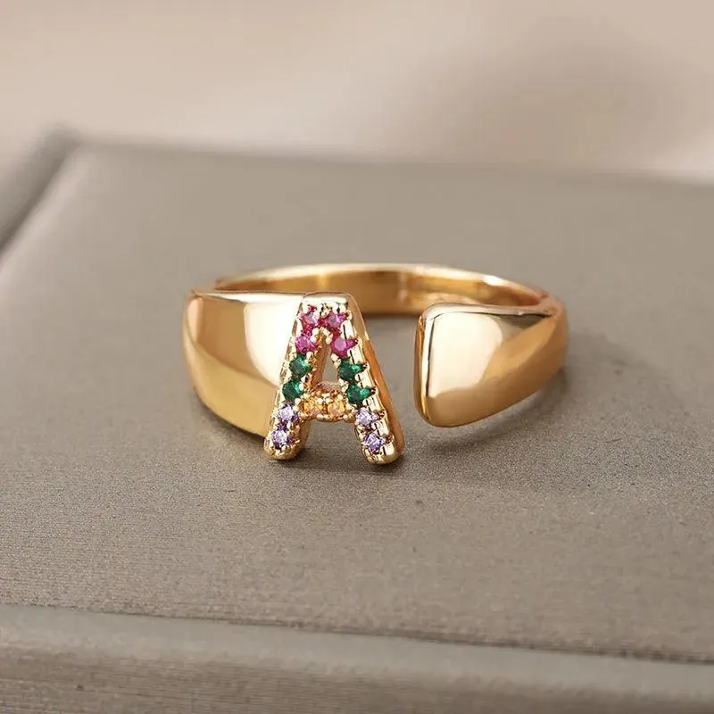 New Rainbow Zircon Letter Rings For Girls, Women - Fashion Chunky Wide Letter A-Z Stainless Steel Rings, Boho Jewellery