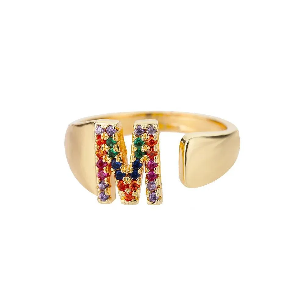 New Rainbow Zircon Letter Rings For Girls, Women - Fashion Chunky Wide Letter A-Z Stainless Steel Rings, Boho Jewellery