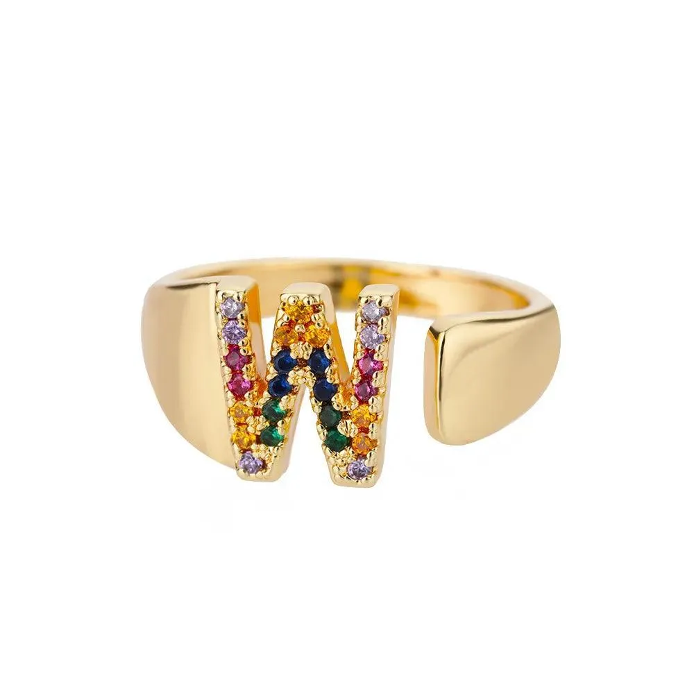 New Rainbow Zircon Letter Rings For Girls, Women - Fashion Chunky Wide Letter A-Z Stainless Steel Rings, Boho Jewellery