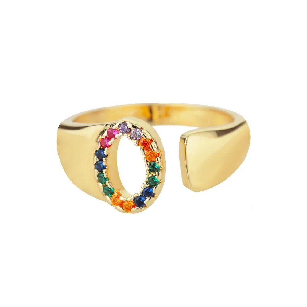 New Rainbow Zircon Letter Rings For Girls, Women - Fashion Chunky Wide Letter A-Z Stainless Steel Rings, Boho Jewellery
