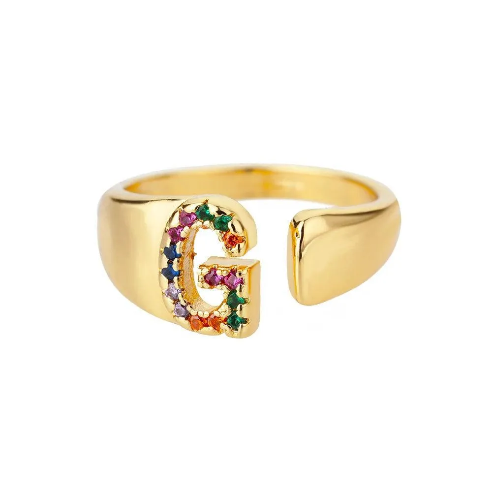 New Rainbow Zircon Letter Rings For Girls, Women - Fashion Chunky Wide Letter A-Z Stainless Steel Rings, Boho Jewellery