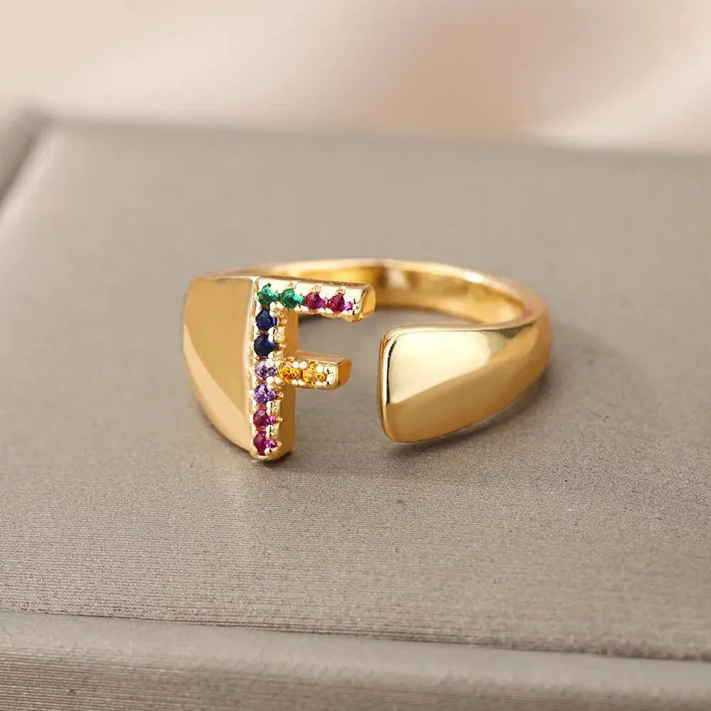 New Rainbow Zircon Letter Rings For Girls, Women - Fashion Chunky Wide Letter A-Z Stainless Steel Rings, Boho Jewellery