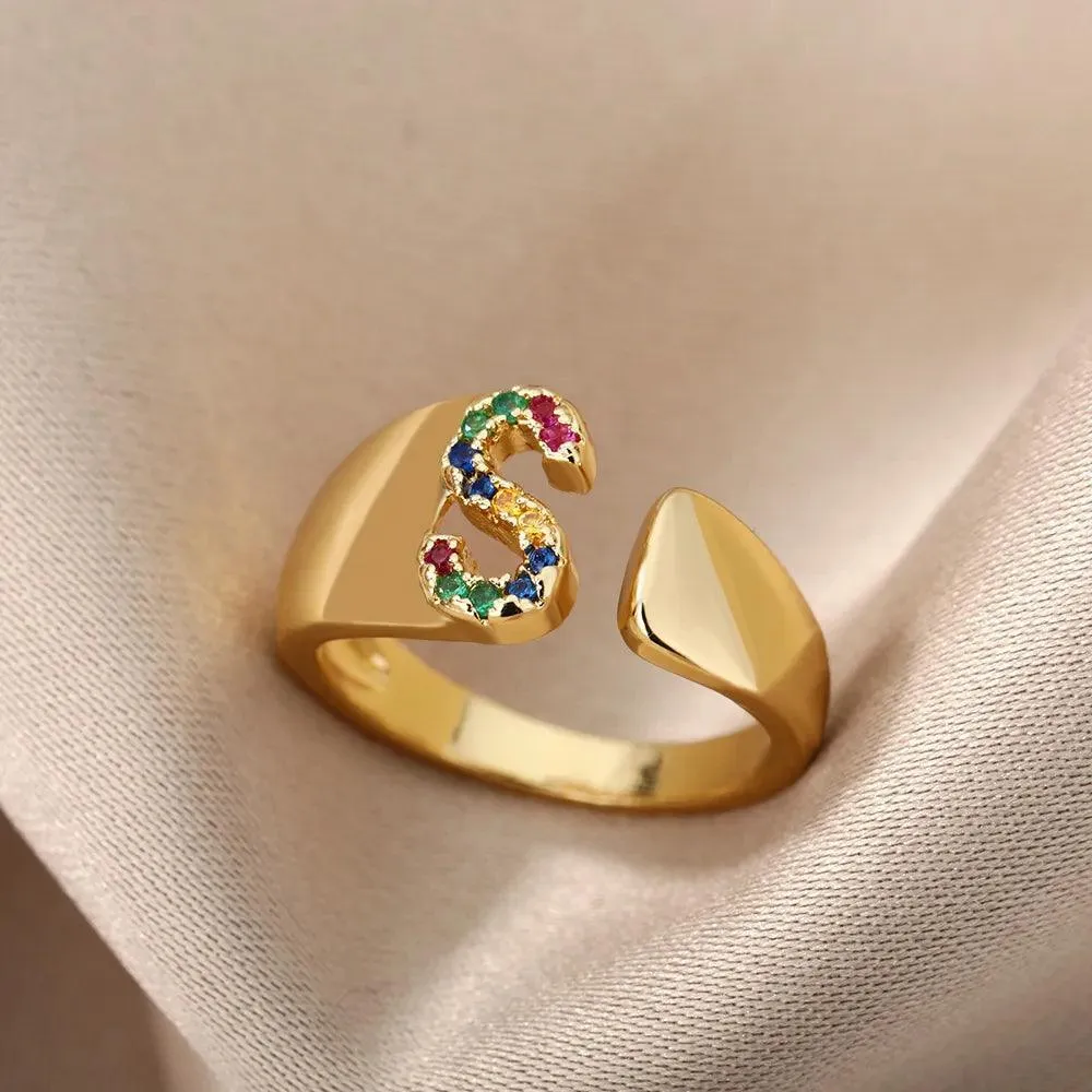 New Rainbow Zircon Letter Rings For Girls, Women - Fashion Chunky Wide Letter A-Z Stainless Steel Rings, Boho Jewellery
