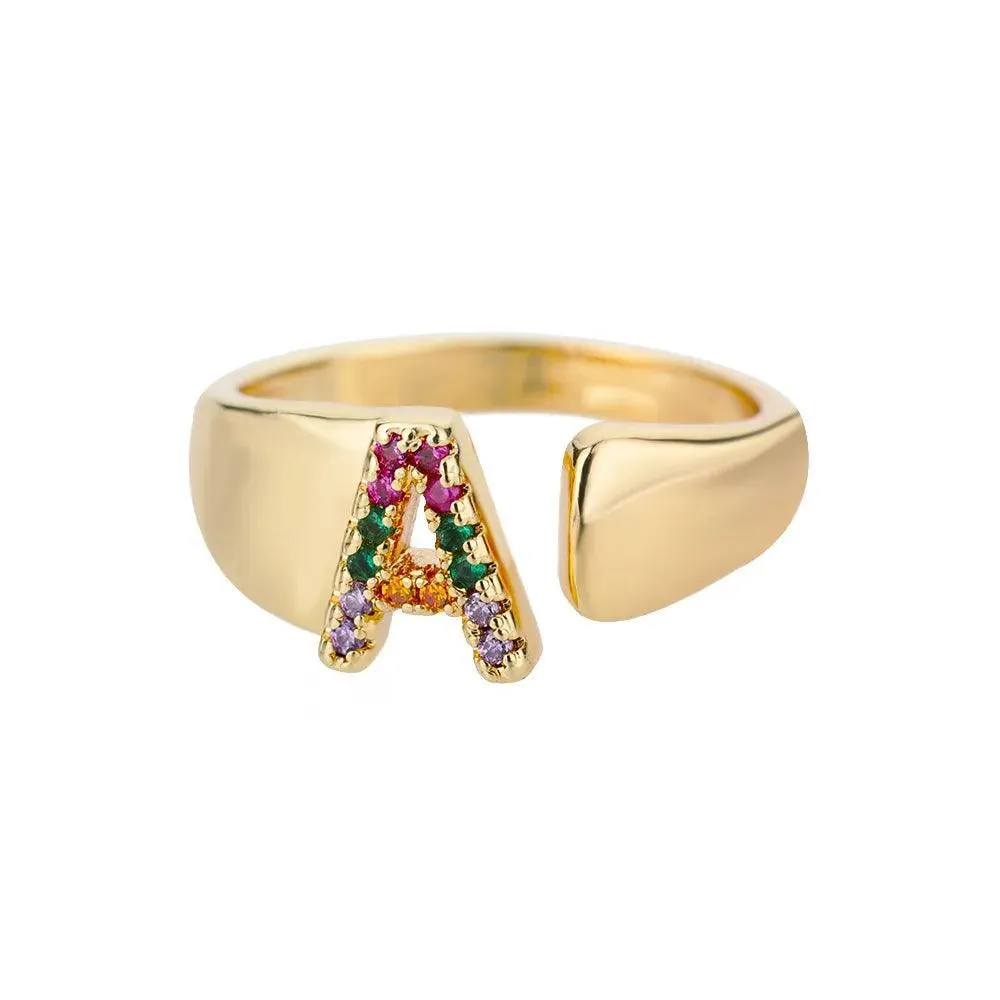 New Rainbow Zircon Letter Rings For Girls, Women - Fashion Chunky Wide Letter A-Z Stainless Steel Rings, Boho Jewellery