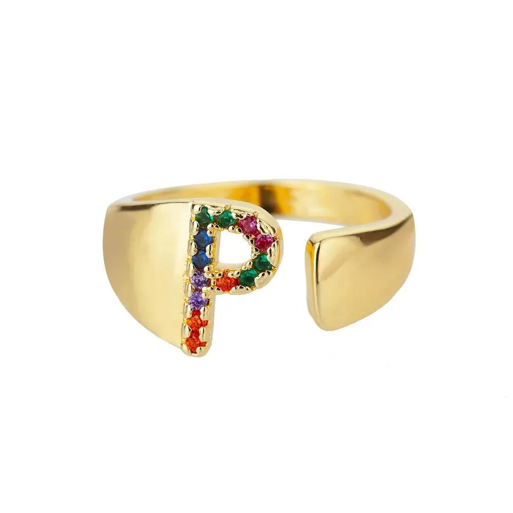 New Rainbow Zircon Letter Rings For Girls, Women - Fashion Chunky Wide Letter A-Z Stainless Steel Rings, Boho Jewellery