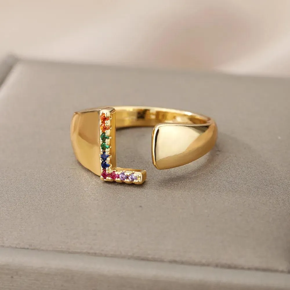 New Rainbow Zircon Letter Rings For Girls, Women - Fashion Chunky Wide Letter A-Z Stainless Steel Rings, Boho Jewellery