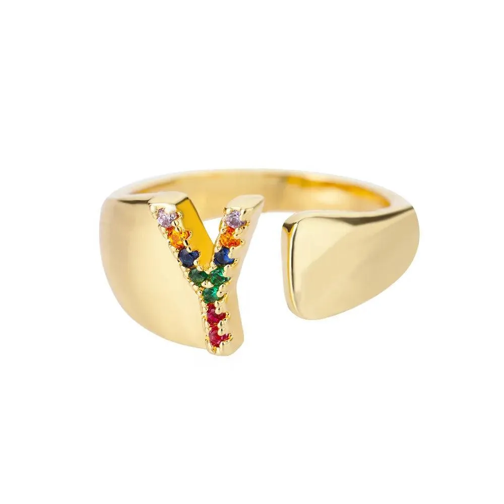 New Rainbow Zircon Letter Rings For Girls, Women - Fashion Chunky Wide Letter A-Z Stainless Steel Rings, Boho Jewellery