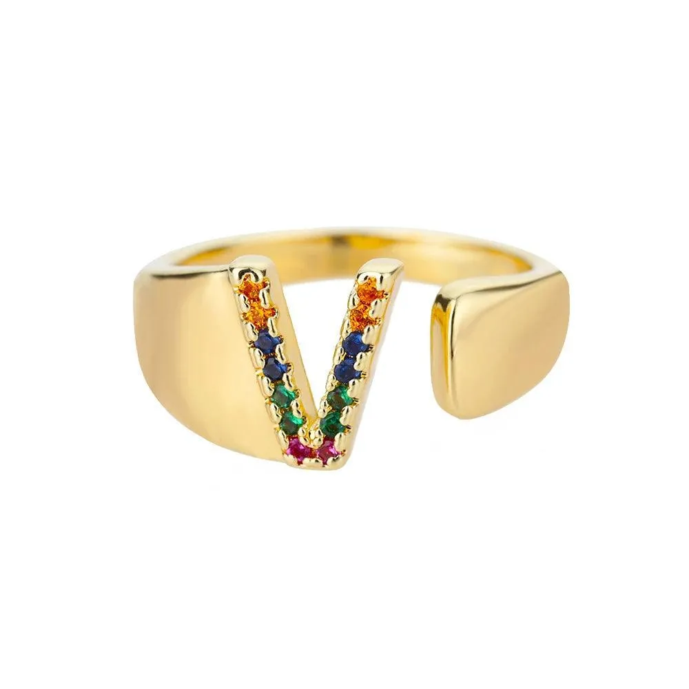 New Rainbow Zircon Letter Rings For Girls, Women - Fashion Chunky Wide Letter A-Z Stainless Steel Rings, Boho Jewellery