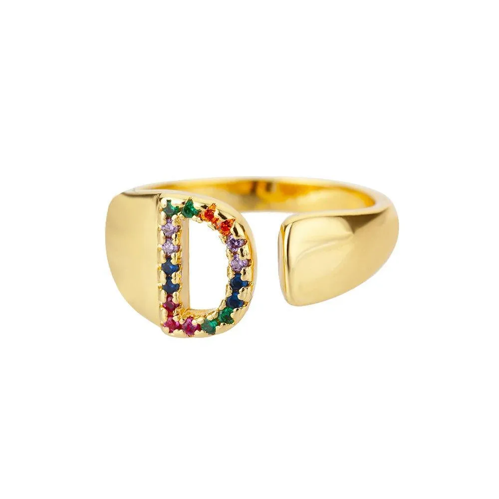 New Rainbow Zircon Letter Rings For Girls, Women - Fashion Chunky Wide Letter A-Z Stainless Steel Rings, Boho Jewellery