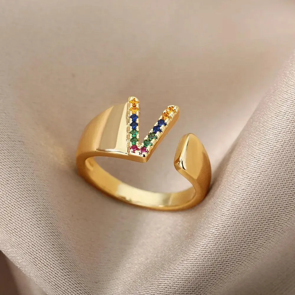 New Rainbow Zircon Letter Rings For Girls, Women - Fashion Chunky Wide Letter A-Z Stainless Steel Rings, Boho Jewellery