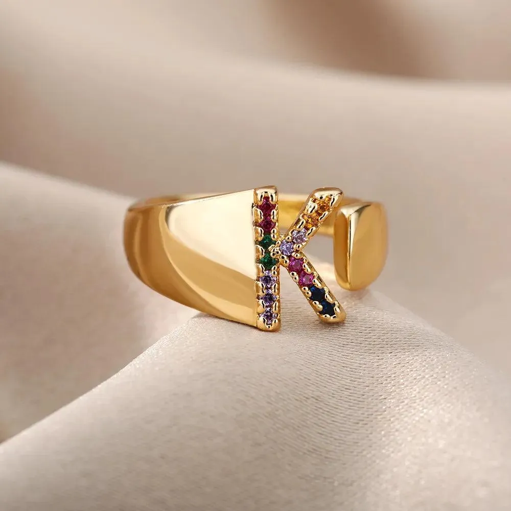 New Rainbow Zircon Letter Rings For Girls, Women - Fashion Chunky Wide Letter A-Z Stainless Steel Rings, Boho Jewellery