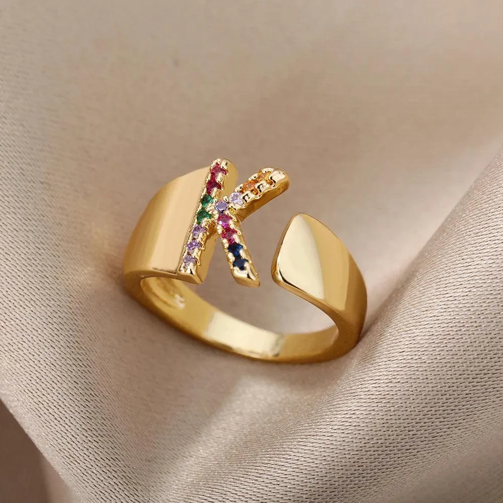 New Rainbow Zircon Letter Rings For Girls, Women - Fashion Chunky Wide Letter A-Z Stainless Steel Rings, Boho Jewellery