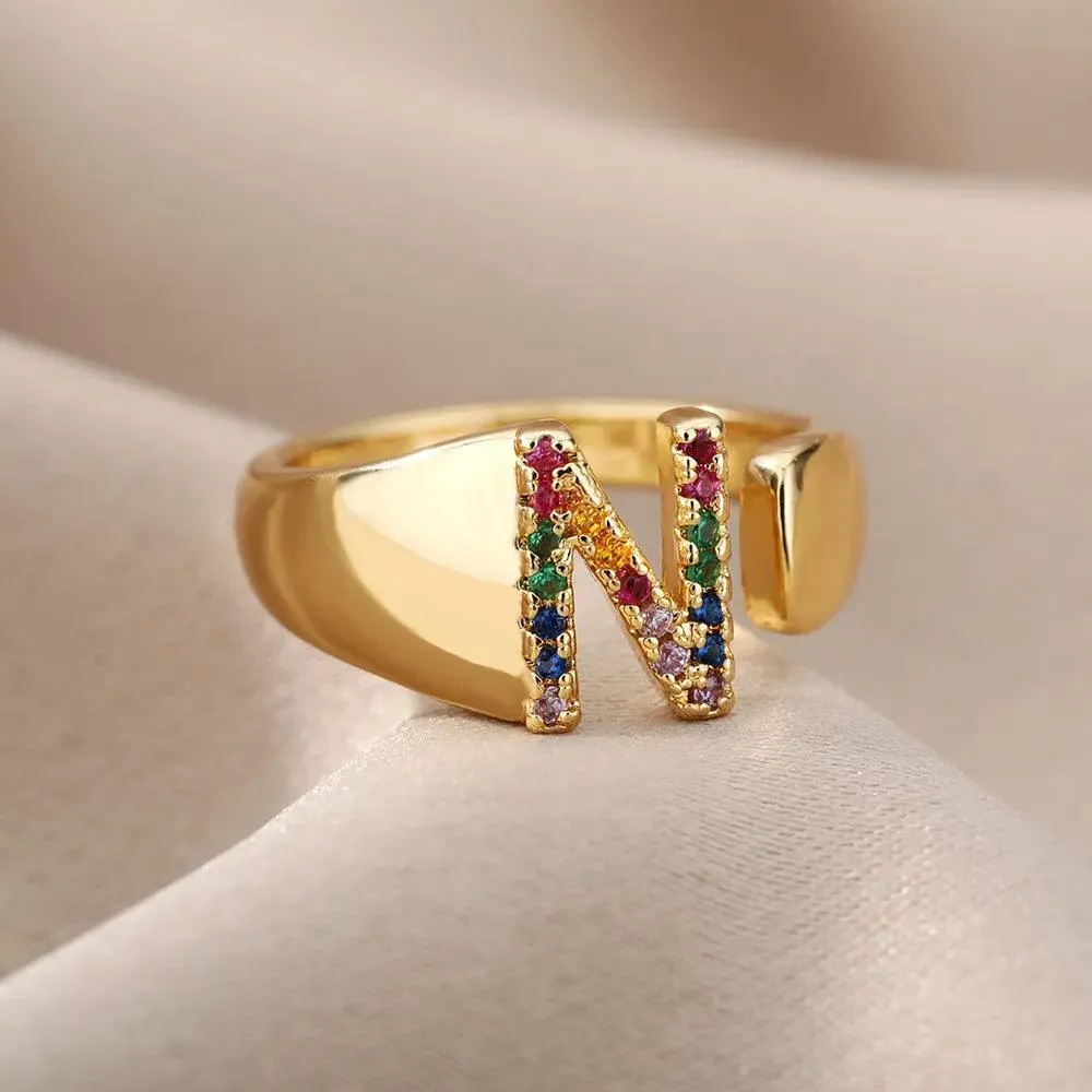 New Rainbow Zircon Letter Rings For Girls, Women - Fashion Chunky Wide Letter A-Z Stainless Steel Rings, Boho Jewellery