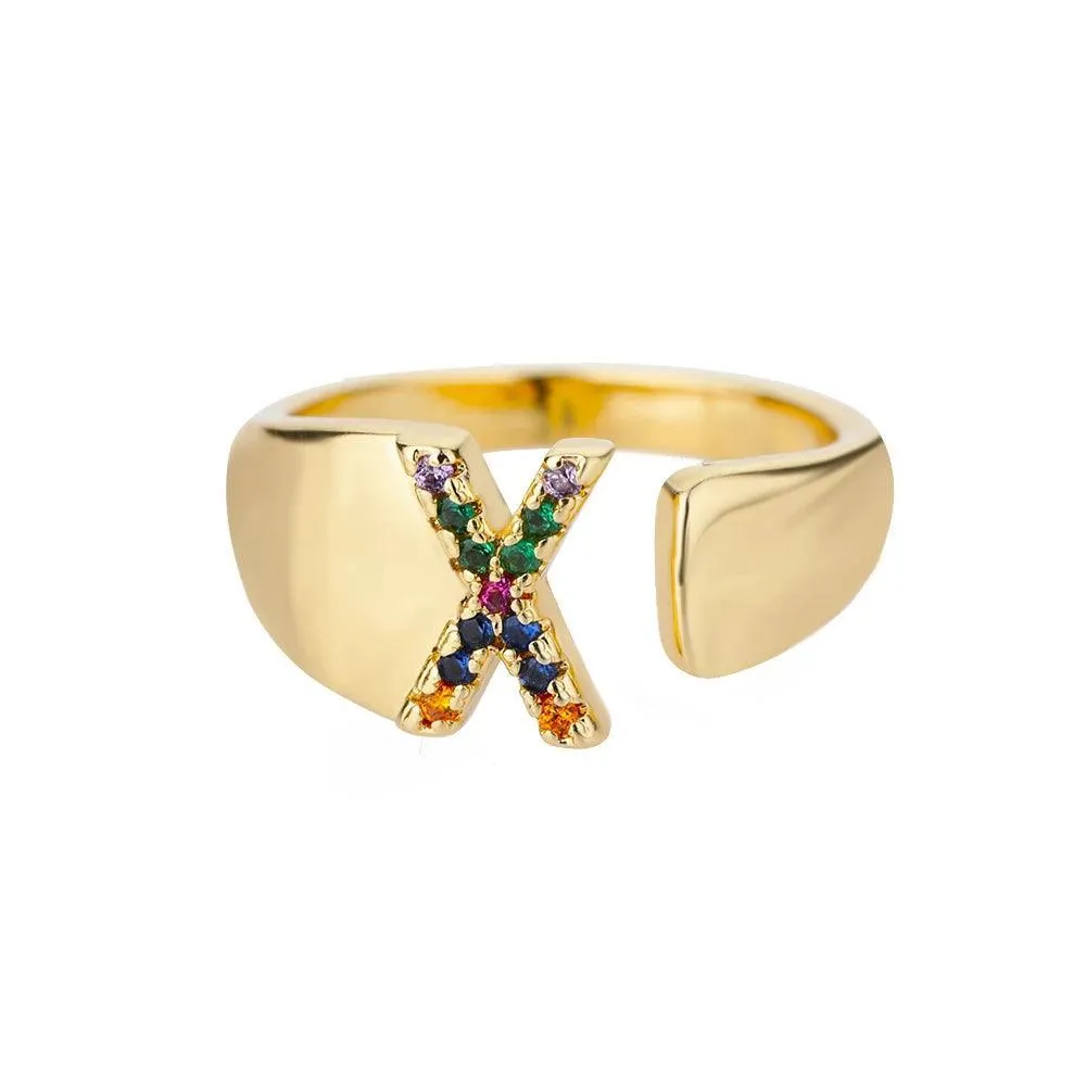 New Rainbow Zircon Letter Rings For Girls, Women - Fashion Chunky Wide Letter A-Z Stainless Steel Rings, Boho Jewellery