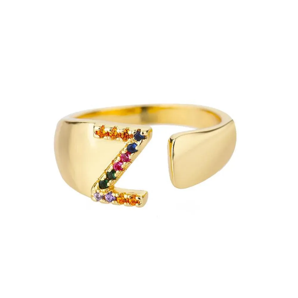 New Rainbow Zircon Letter Rings For Girls, Women - Fashion Chunky Wide Letter A-Z Stainless Steel Rings, Boho Jewellery