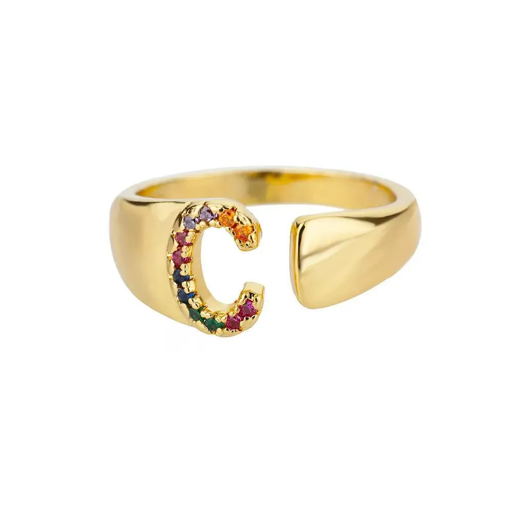 New Rainbow Zircon Letter Rings For Girls, Women - Fashion Chunky Wide Letter A-Z Stainless Steel Rings, Boho Jewellery