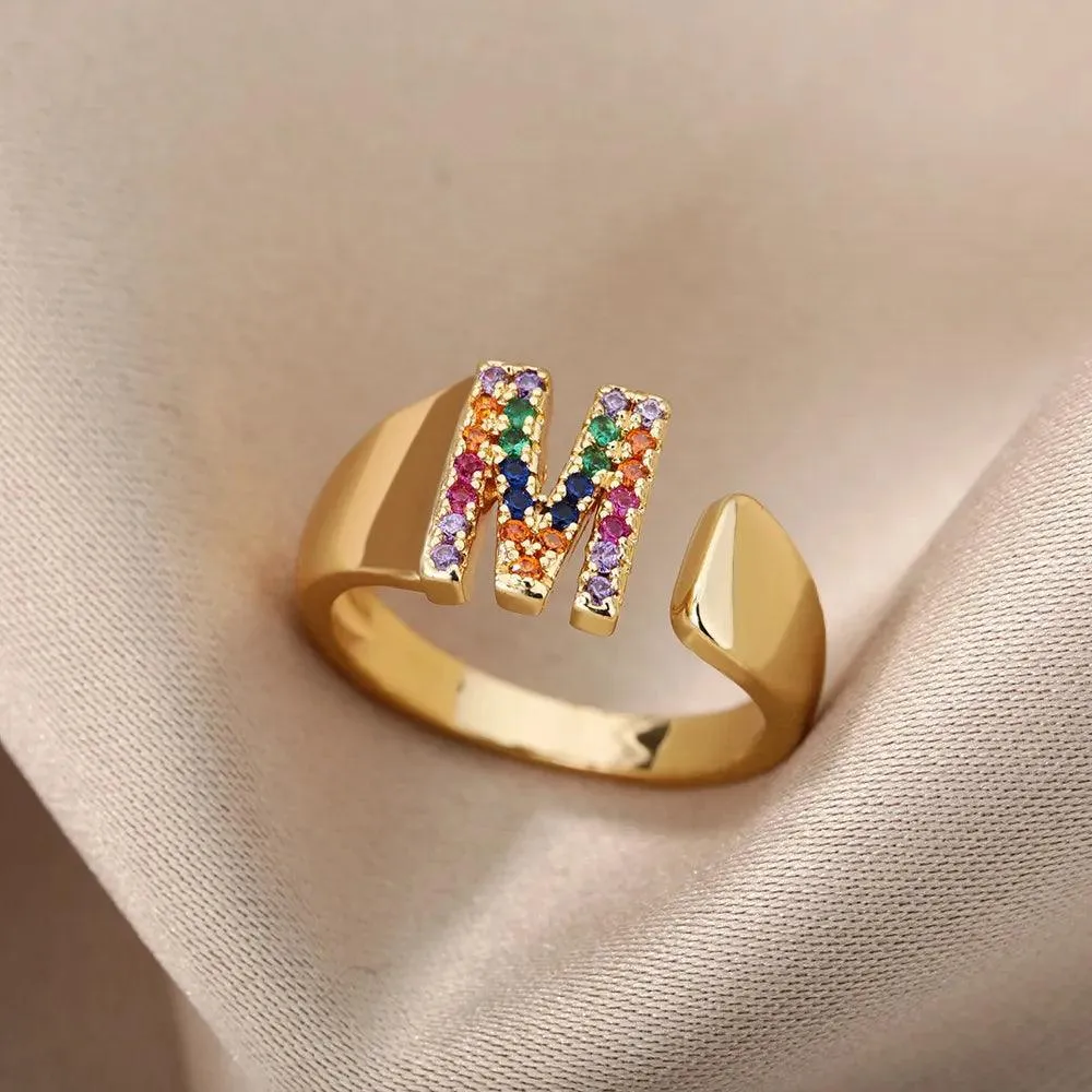 New Rainbow Zircon Letter Rings For Girls, Women - Fashion Chunky Wide Letter A-Z Stainless Steel Rings, Boho Jewellery