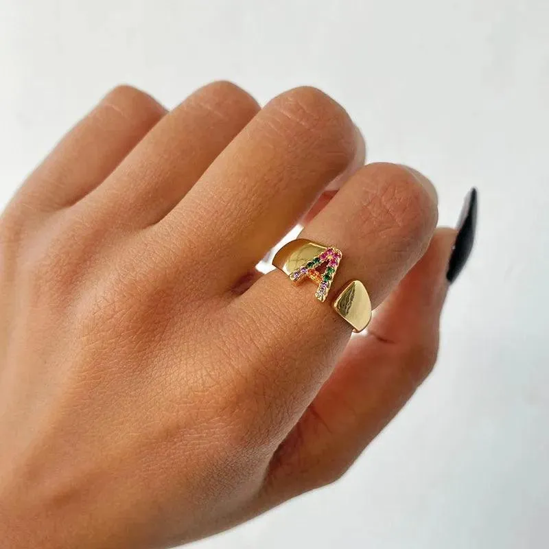 New Rainbow Zircon Letter Rings For Girls, Women - Fashion Chunky Wide Letter A-Z Stainless Steel Rings, Boho Jewellery